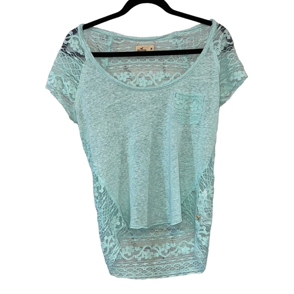 Hollister Mint Green Lace Back Top Medium Sheer Floral Boho Tee